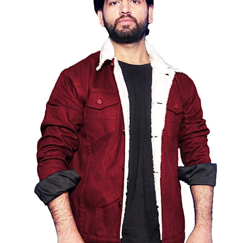 Men Woolen Fur Winter Full Sleeve Denim Jacket