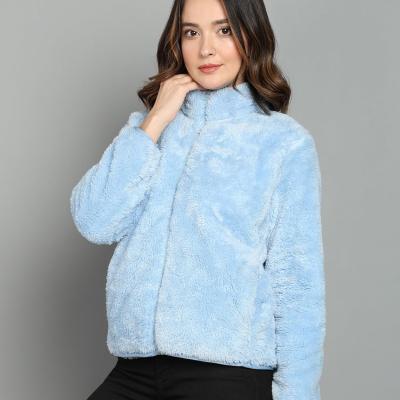 Alan Jones Clothing Women’s Fluffy Yarn Fleece Full-Zip Jacket | Soft Lightweight Warm Outerwear with Stand Collar & Piping at Hem & Cuffs