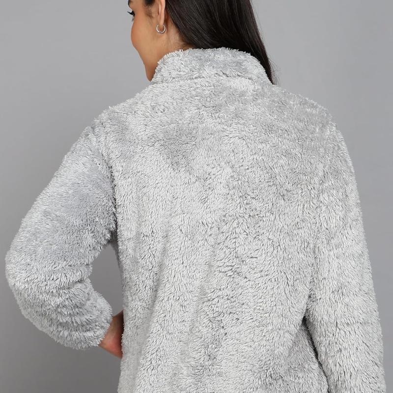 Alan Jones Clothing Women’s Fluffy Yarn Fleece Full-Zip Jacket | Soft Lightweight Warm Outerwear with Stand Collar & Piping at Hem & Cuffs